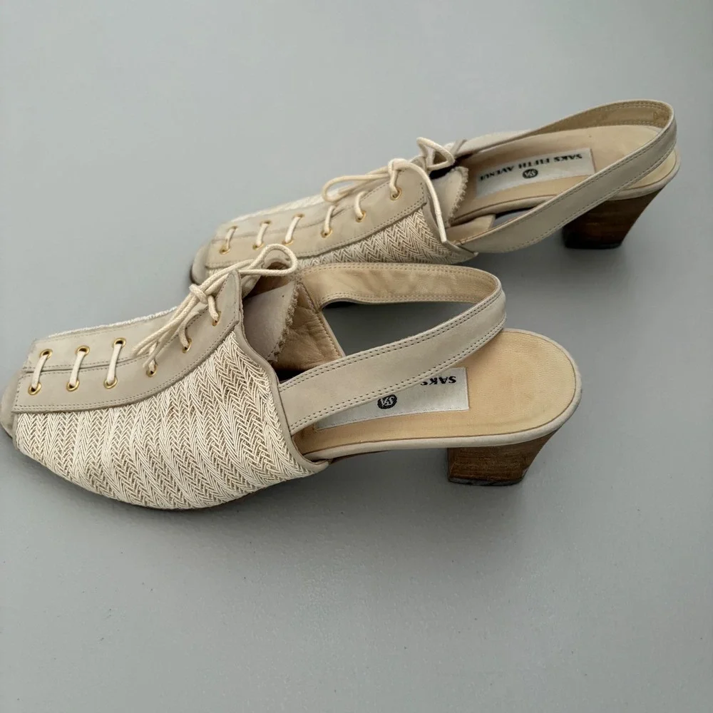 Saks Fifth Avenue Slingback Heels Lace Up Peep Toe Leather Woven Beige -Size 8.5